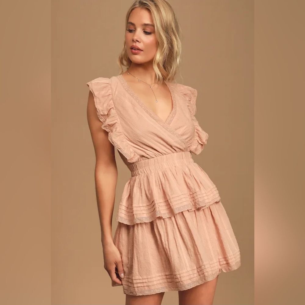 LULUS Whisper Sweet Nothings Light Pink Lace Tiered Ruffled Mini Dress XL Ditzy